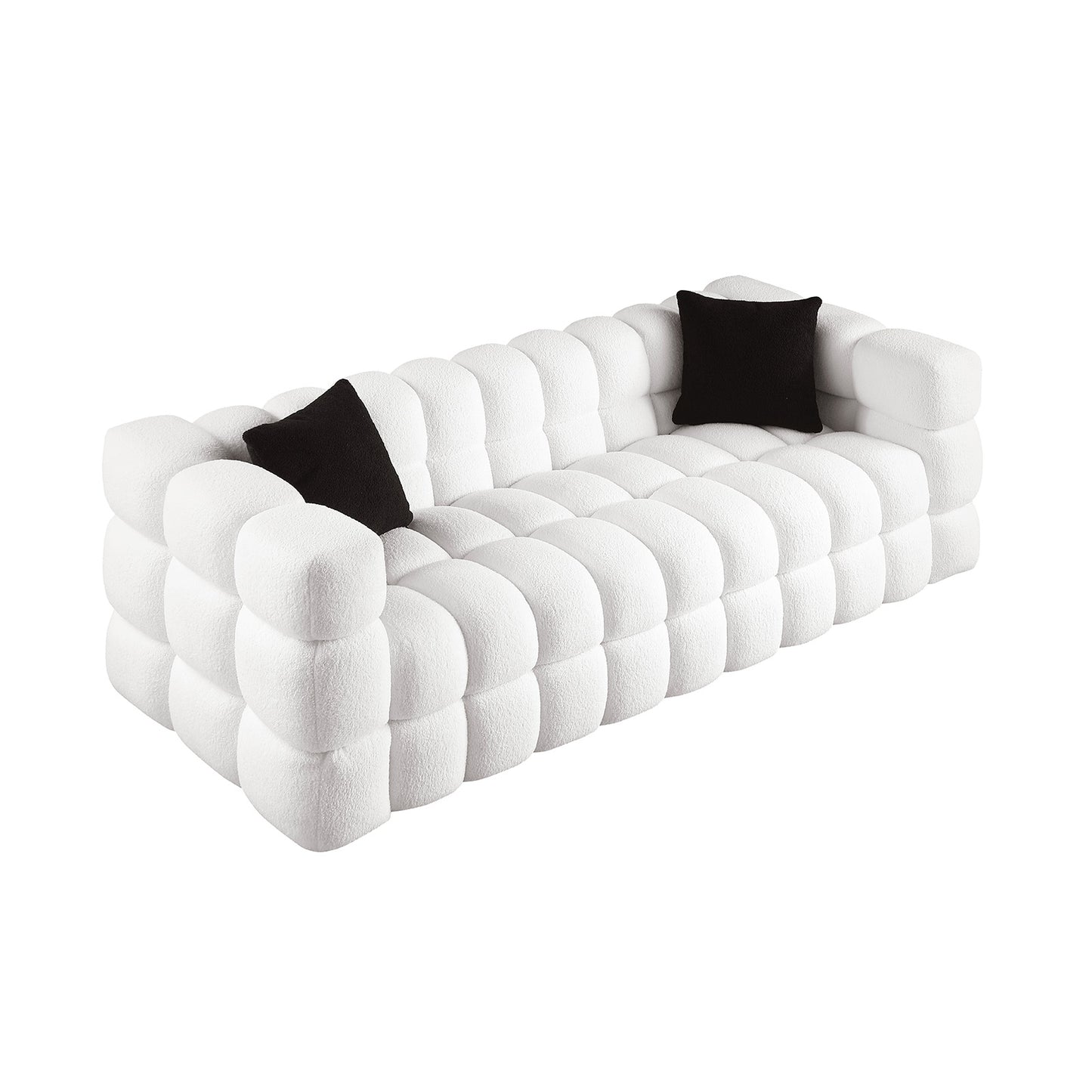 84.3 length,35.83" deepth,human body structure for USA people, marshmallow sofa,boucle sofa,White color,3 seater