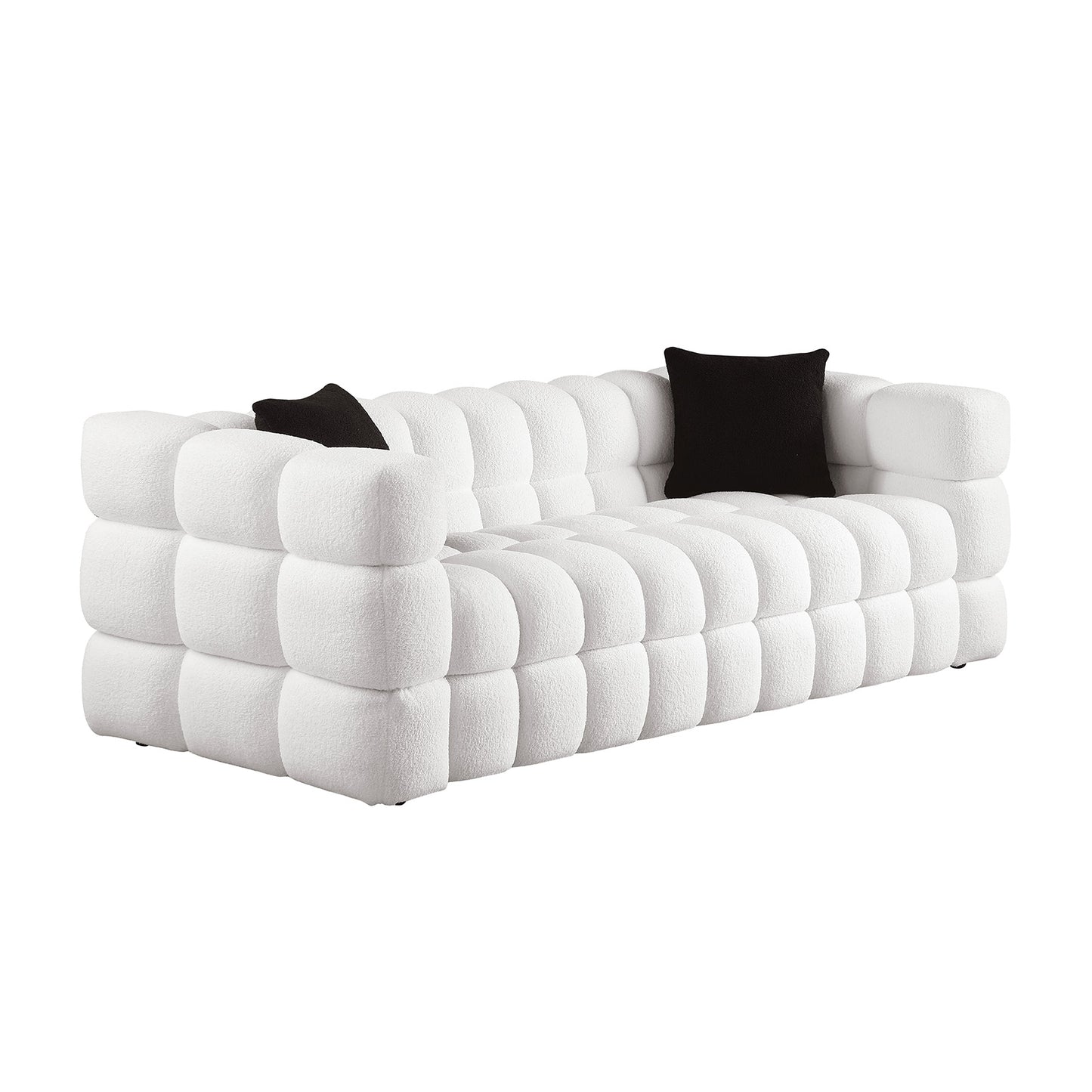 84.3 length,35.83" deepth,human body structure for USA people, marshmallow sofa,boucle sofa,White color,3 seater