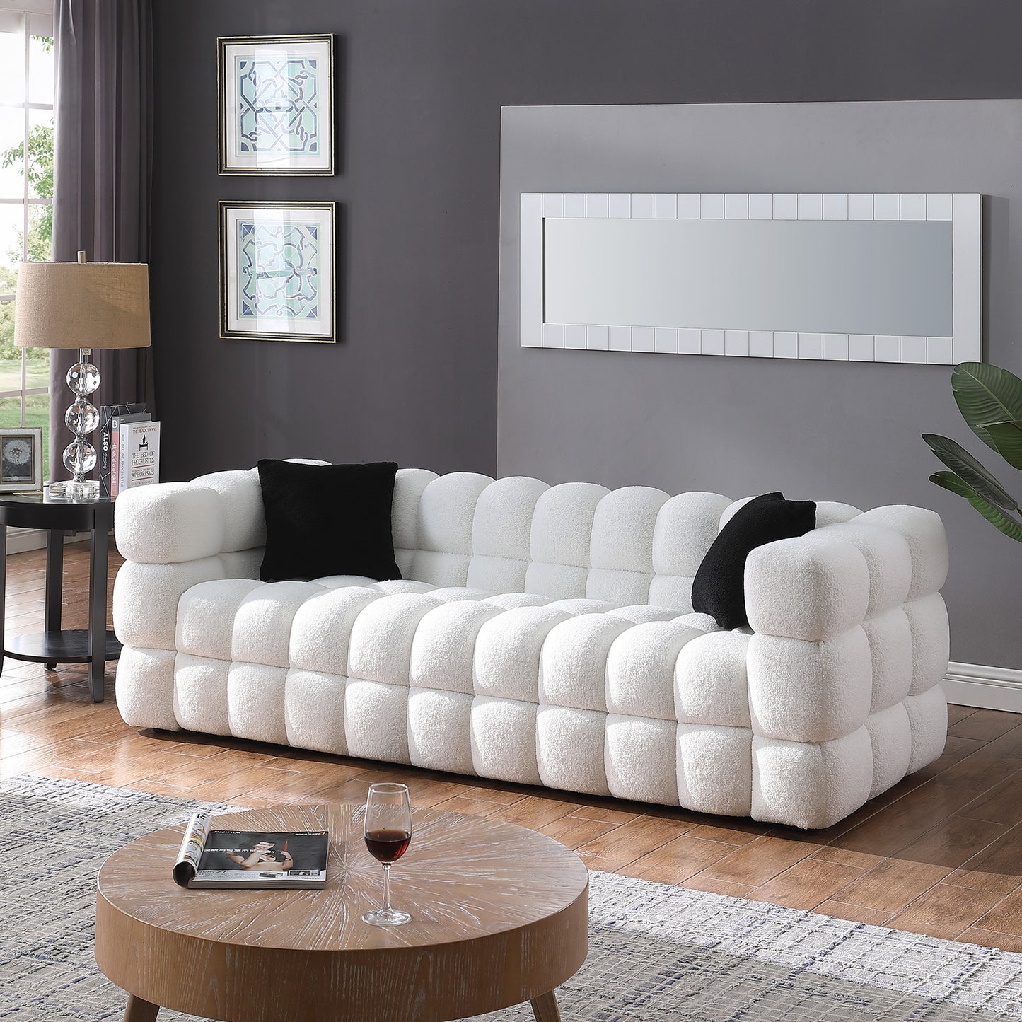 84.3 length,35.83" deepth,human body structure for USA people, marshmallow sofa,boucle sofa,White color,3 seater