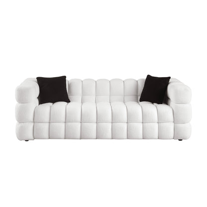 84.3 length,35.83" deepth,human body structure for USA people, marshmallow sofa,boucle sofa,White color,3 seater