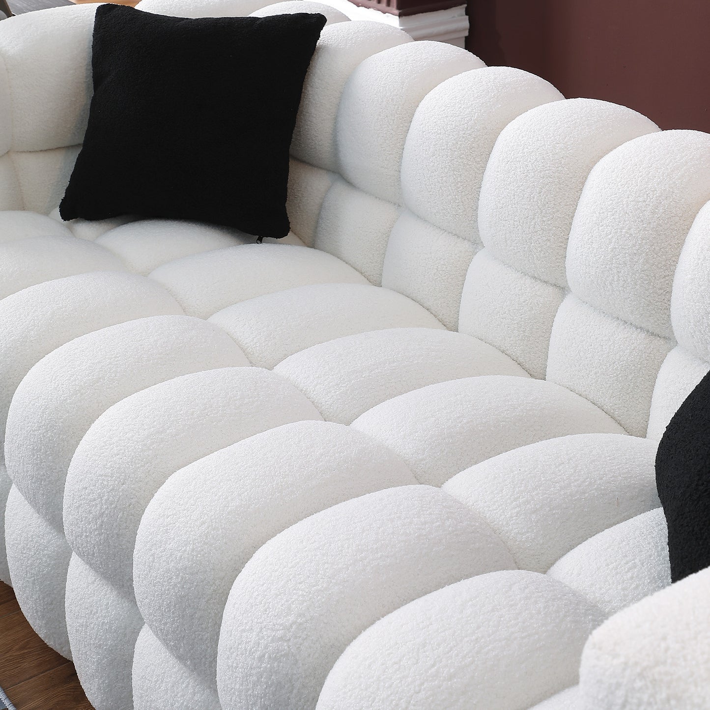 84.3 length,35.83" deepth,human body structure for USA people, marshmallow sofa,boucle sofa,White color,3 seater