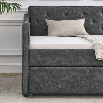 Size Daybed with Twin Size Trundle Upholstered Tufted Sofa Bed, Waved Shape Arms, Grey (80.5"x44.5"x33.5")