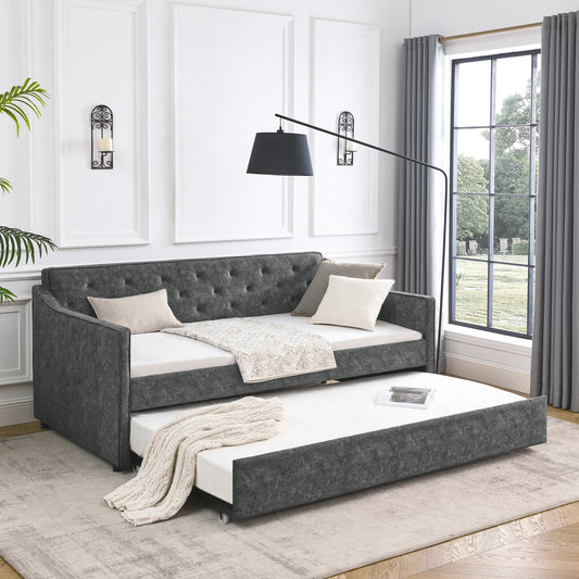 Size Daybed with Twin Size Trundle Upholstered Tufted Sofa Bed, Waved Shape Arms, Grey (80.5"x44.5"x33.5")