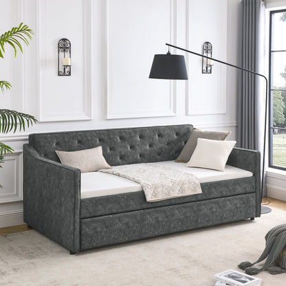 Size Daybed with Twin Size Trundle Upholstered Tufted Sofa Bed, Waved Shape Arms, Grey (80.5"x44.5"x33.5")