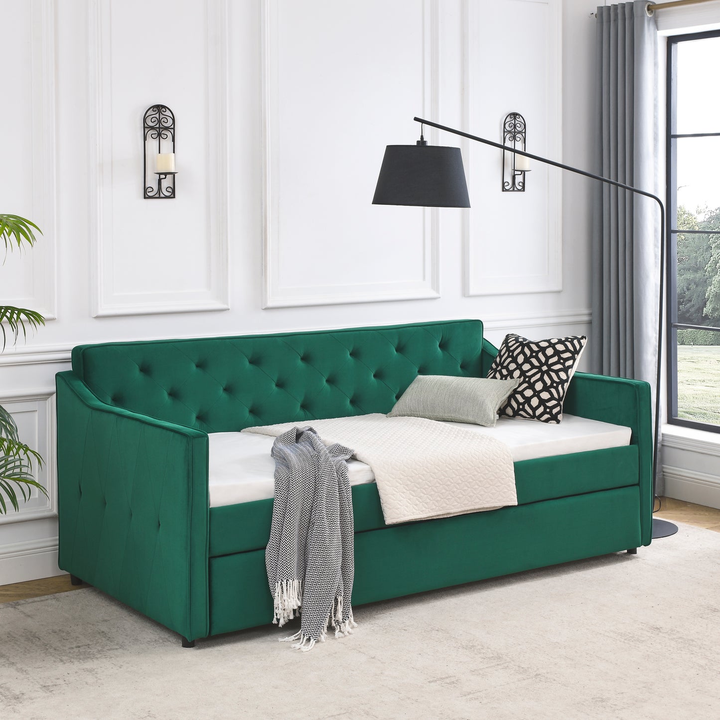 Size Daybed with Twin Size Trundle Upholstered Tufted Sofa Bed, Waved Shape Arms (80.5"x44.5"x33.5")