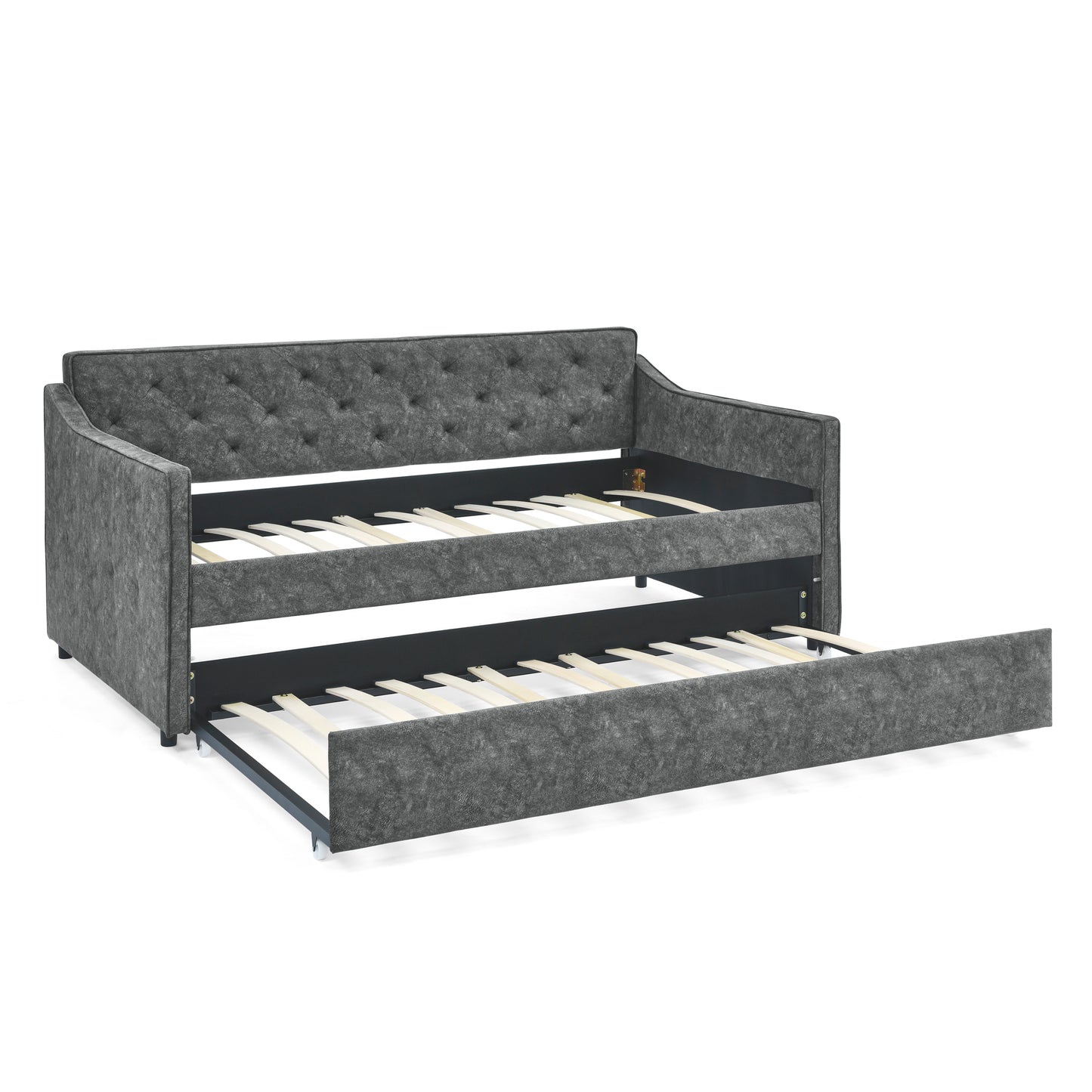 Size Daybed with Twin Size Trundle Upholstered Tufted Sofa Bed, Waved Shape Arms, Grey (80.5"x44.5"x33.5")