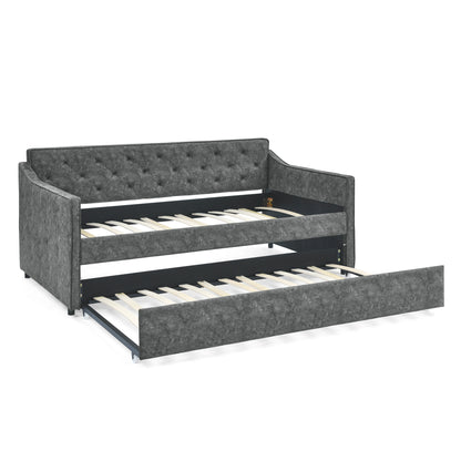 Size Daybed with Twin Size Trundle Upholstered Tufted Sofa Bed, Waved Shape Arms, Grey (80.5"x44.5"x33.5")