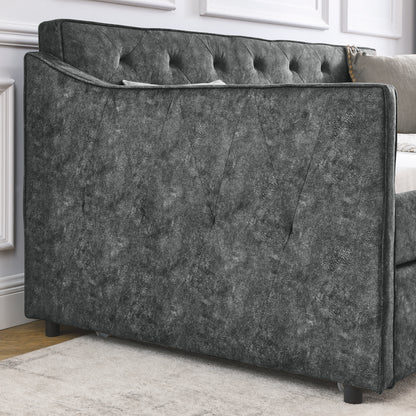 Size Daybed with Twin Size Trundle Upholstered Tufted Sofa Bed, Waved Shape Arms, Grey (80.5"x44.5"x33.5")