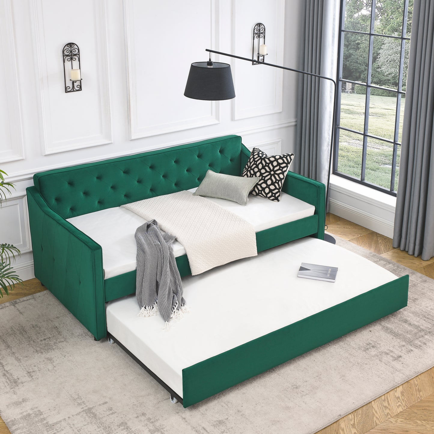 Size Daybed with Twin Size Trundle Upholstered Tufted Sofa Bed, Waved Shape Arms (80.5"x44.5"x33.5")