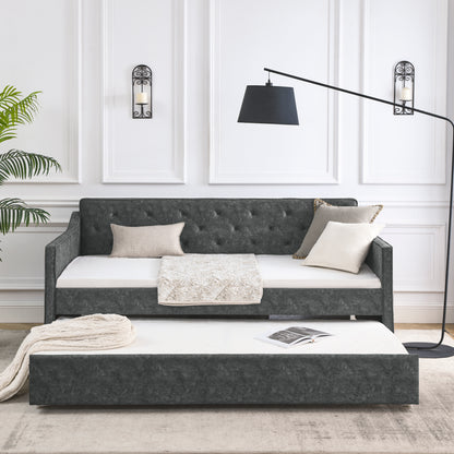 Size Daybed with Twin Size Trundle Upholstered Tufted Sofa Bed, Waved Shape Arms, Grey (80.5"x44.5"x33.5")