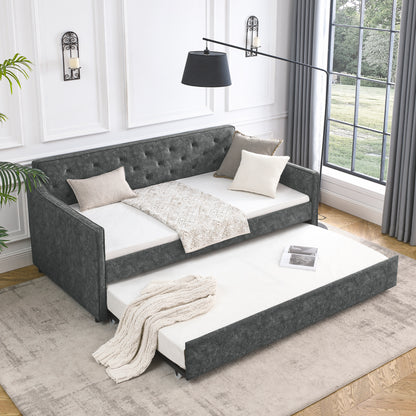 Size Daybed with Twin Size Trundle Upholstered Tufted Sofa Bed, Waved Shape Arms, Grey (80.5"x44.5"x33.5")