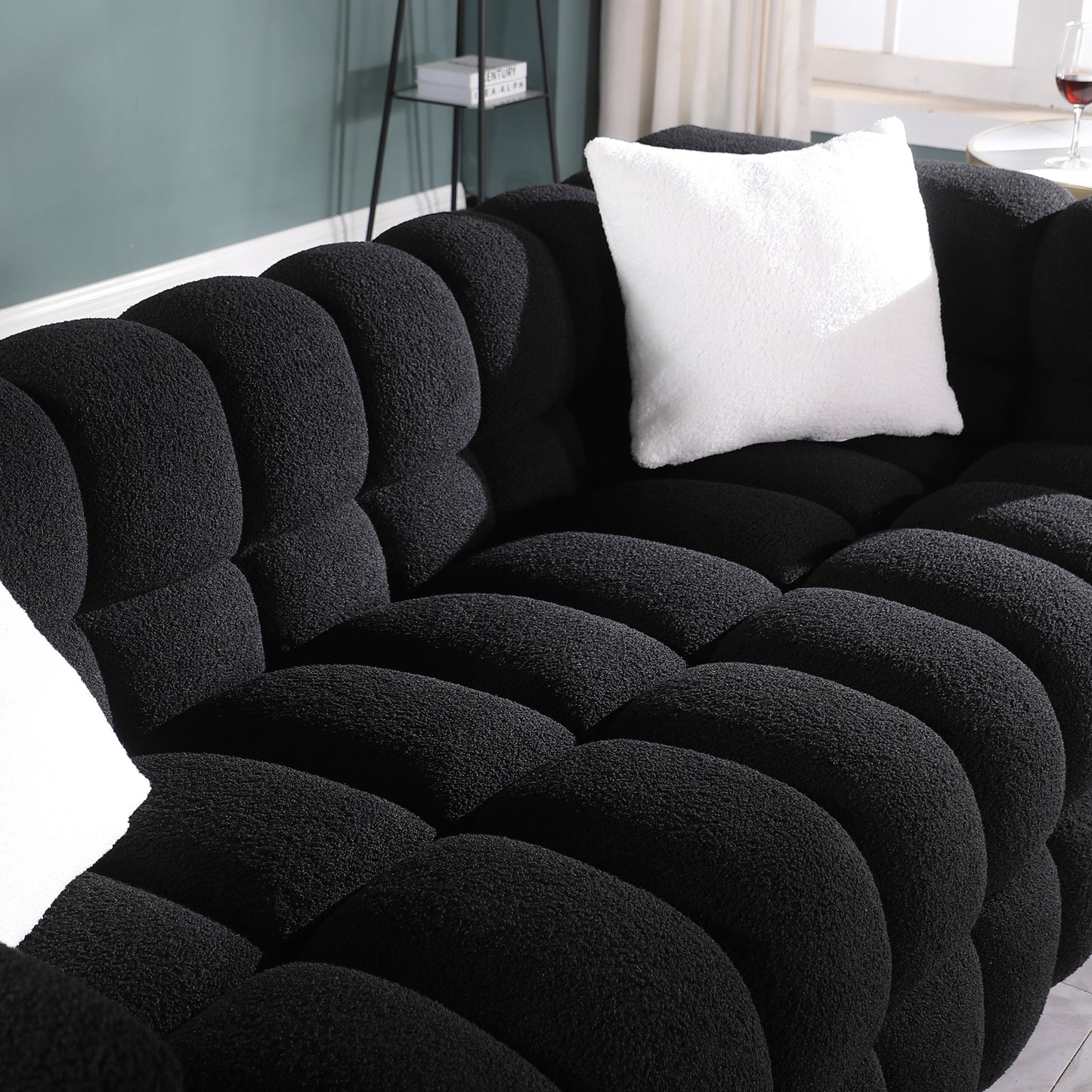 84.3 length,35.83" deepth,human body structure for USA people, marshmallow sofa,boucle sofa,White color,3 seater