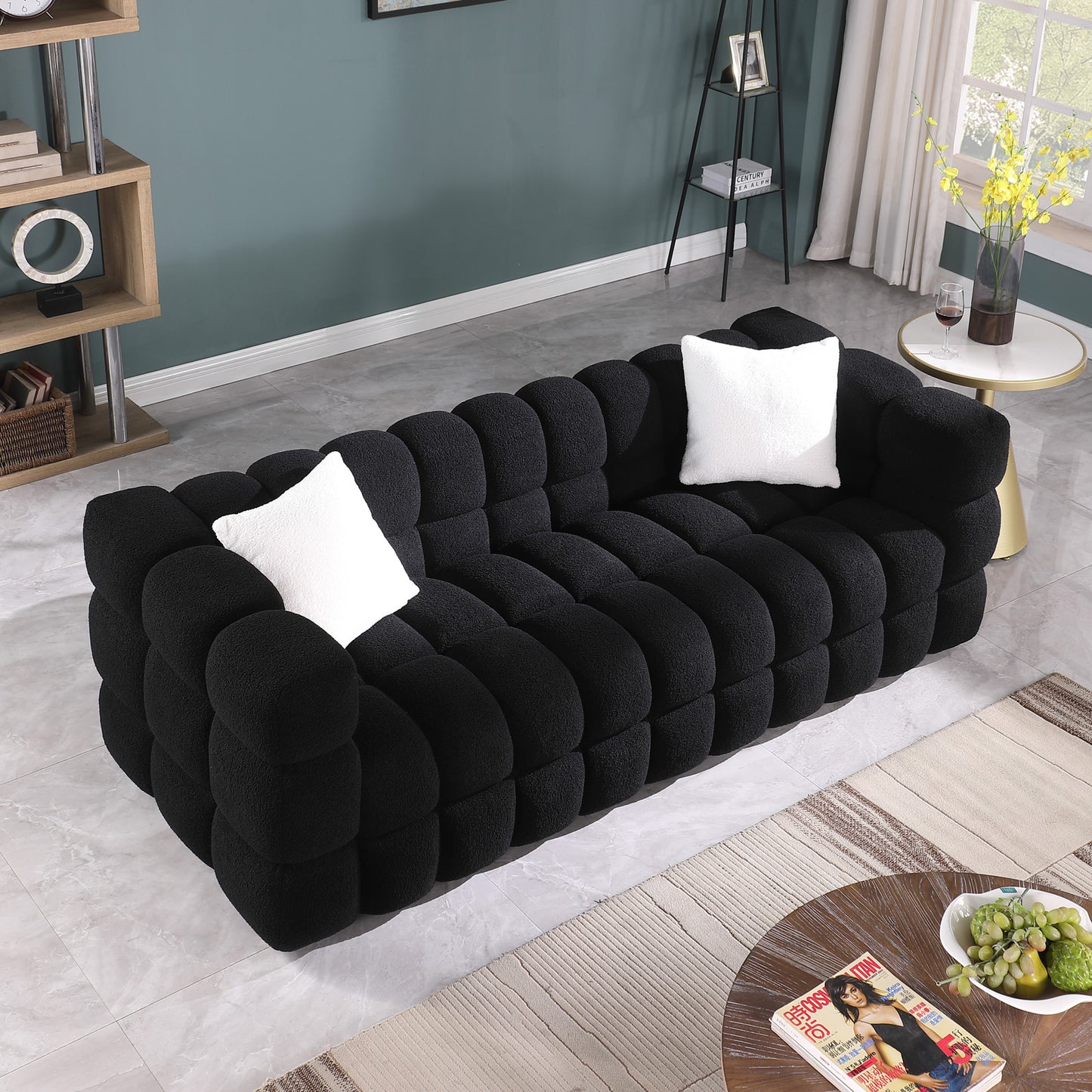 84.3 length,35.83" deepth,human body structure for USA people, marshmallow sofa,boucle sofa,White color,3 seater