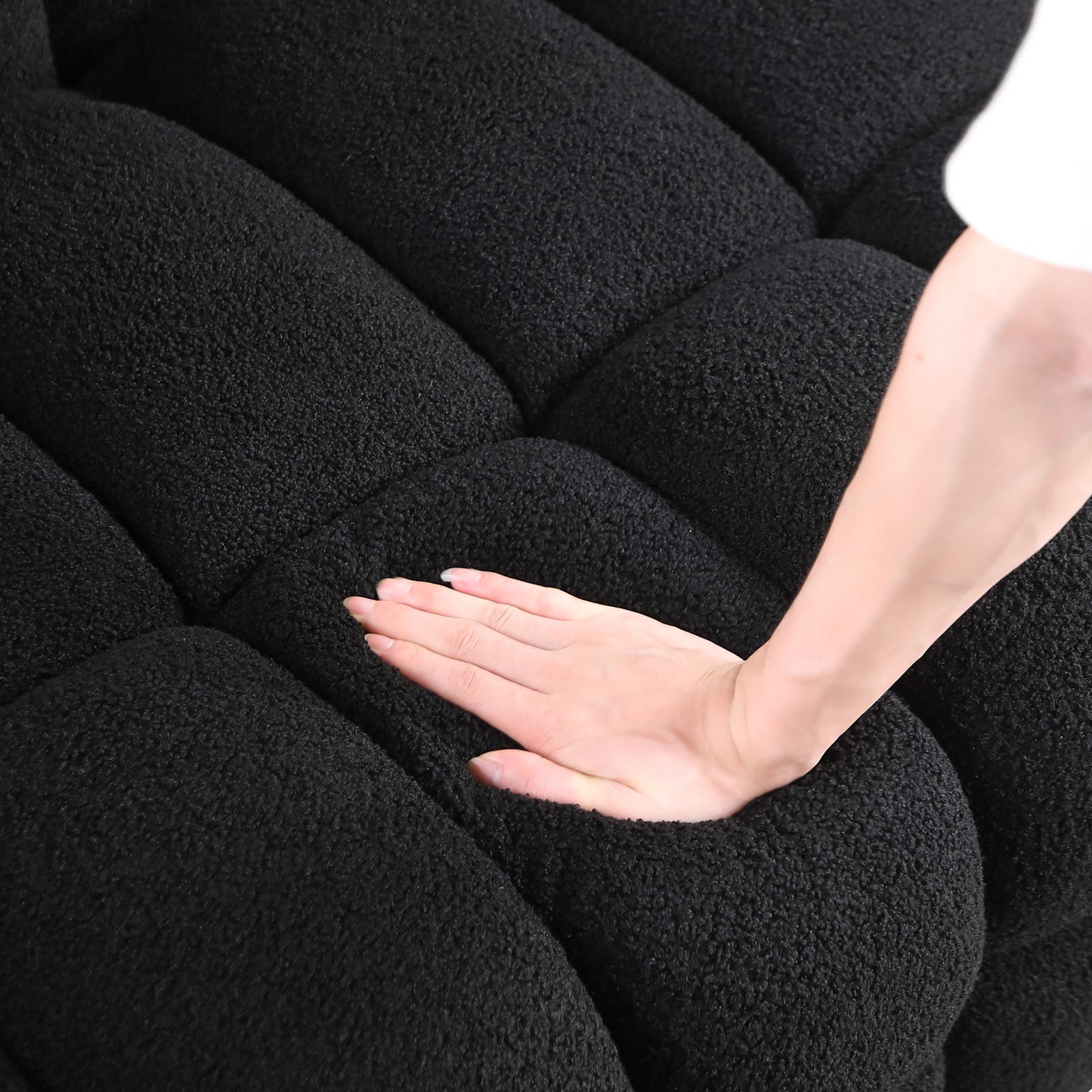 84.3 length,35.83" deepth,human body structure for USA people, marshmallow sofa,boucle sofa,White color,3 seater