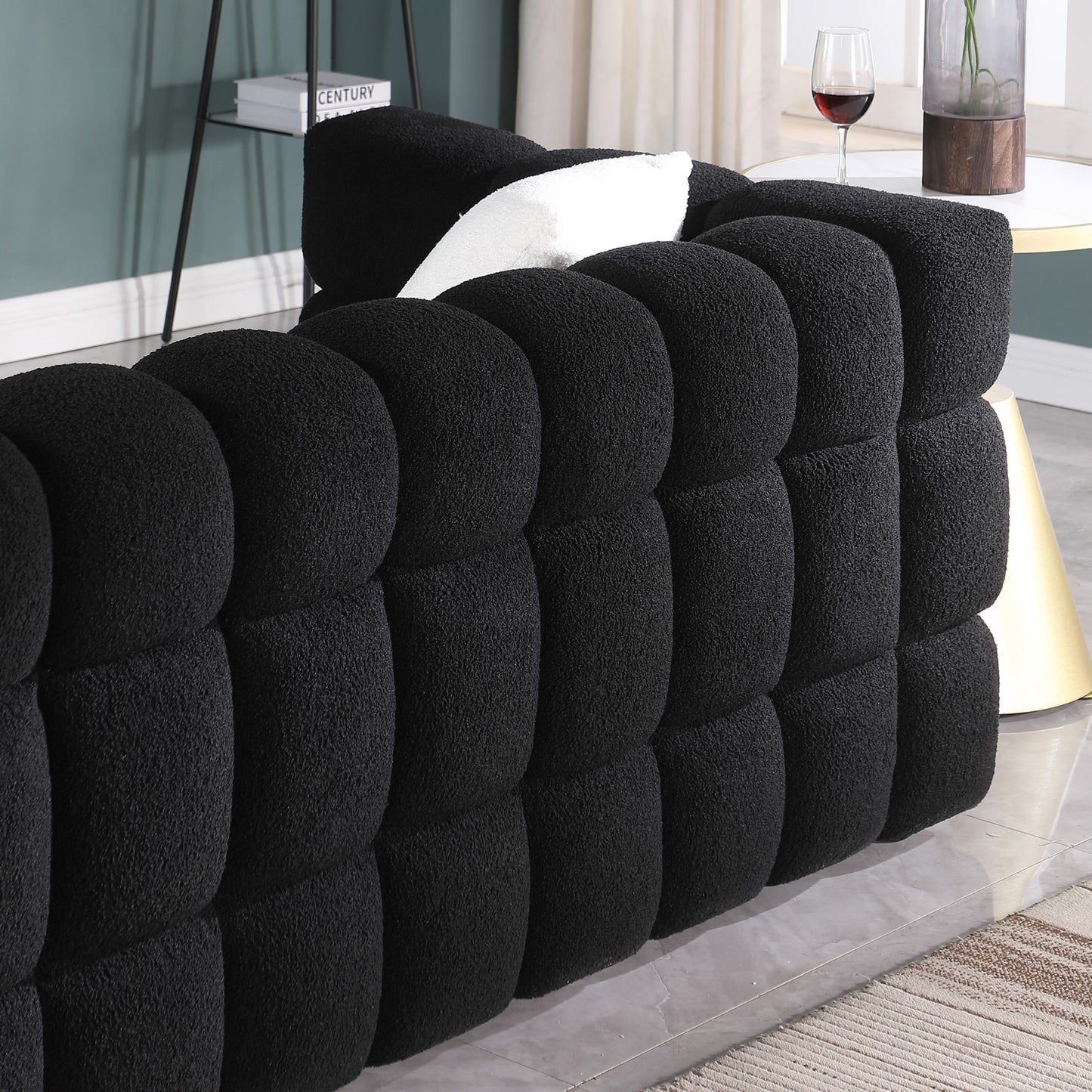 84.3 length,35.83" deepth,human body structure for USA people, marshmallow sofa,boucle sofa,White color,3 seater