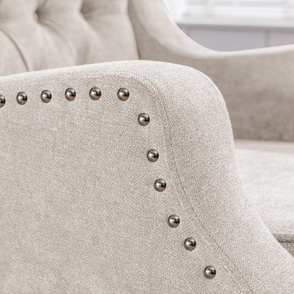 Beige Accent Chair, Living Room Chair, Footrest Chair Set with Vintage Brass Studs, Button Tufted Upholstered Armchair for Living Room, Comfy Reading Chair for Bedroom, Reception Room