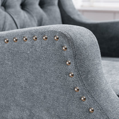 Grey Accent Chair, Living Room Chair, Footrest Chair Set with Vintage Brass Studs, Button Tufted Upholstered Armchair for Living Room, Comfy Reading Chair for Bedroom, Reception Room