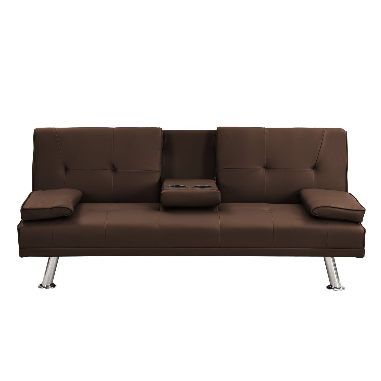 Sofa Bed with Armrest two holders WOOD FRAME, STAINLESS LEG, FUTON BROWN PVC