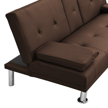 Sofa Bed with Armrest two holders WOOD FRAME, STAINLESS LEG, FUTON BROWN PVC