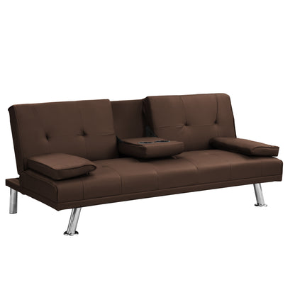 Sofa Bed with Armrest two holders WOOD FRAME, STAINLESS LEG, FUTON BROWN PVC