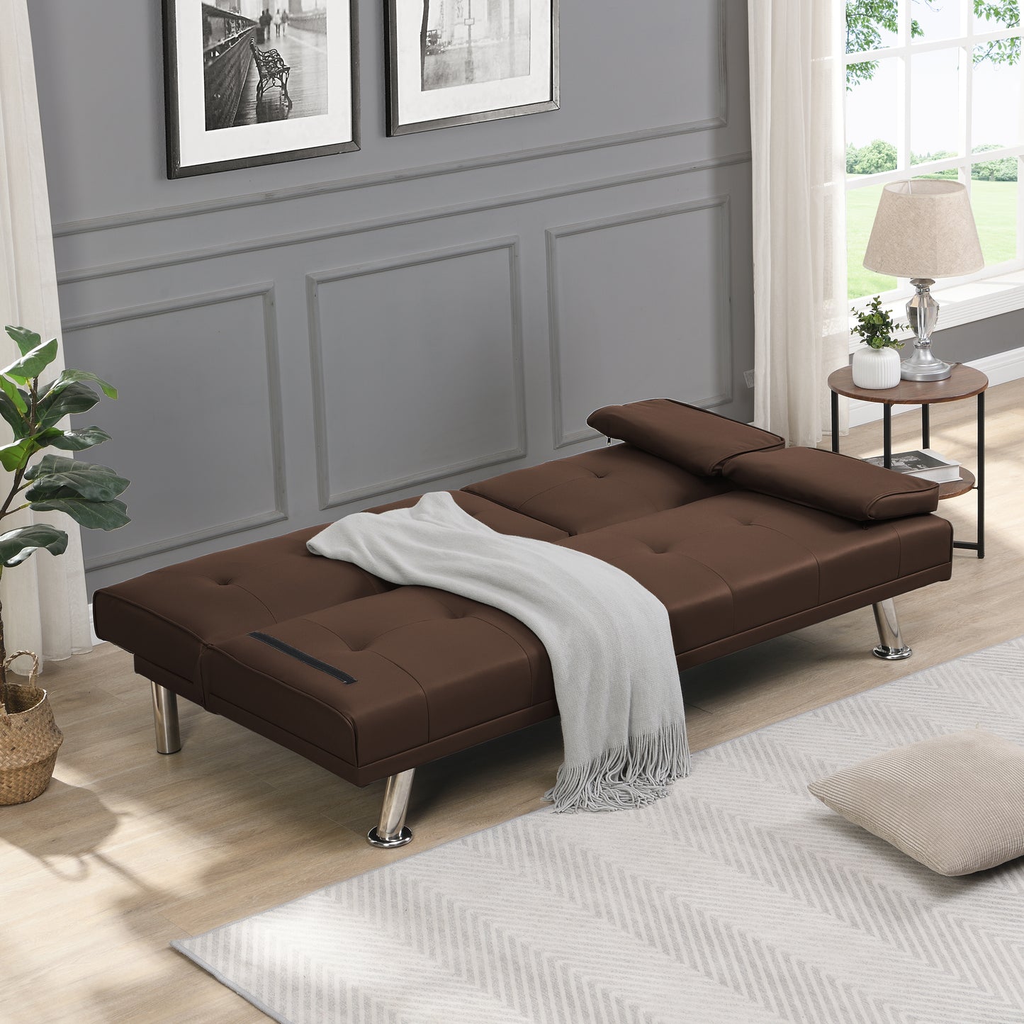 Sofa Bed with Armrest two holders WOOD FRAME, STAINLESS LEG, FUTON BROWN PVC