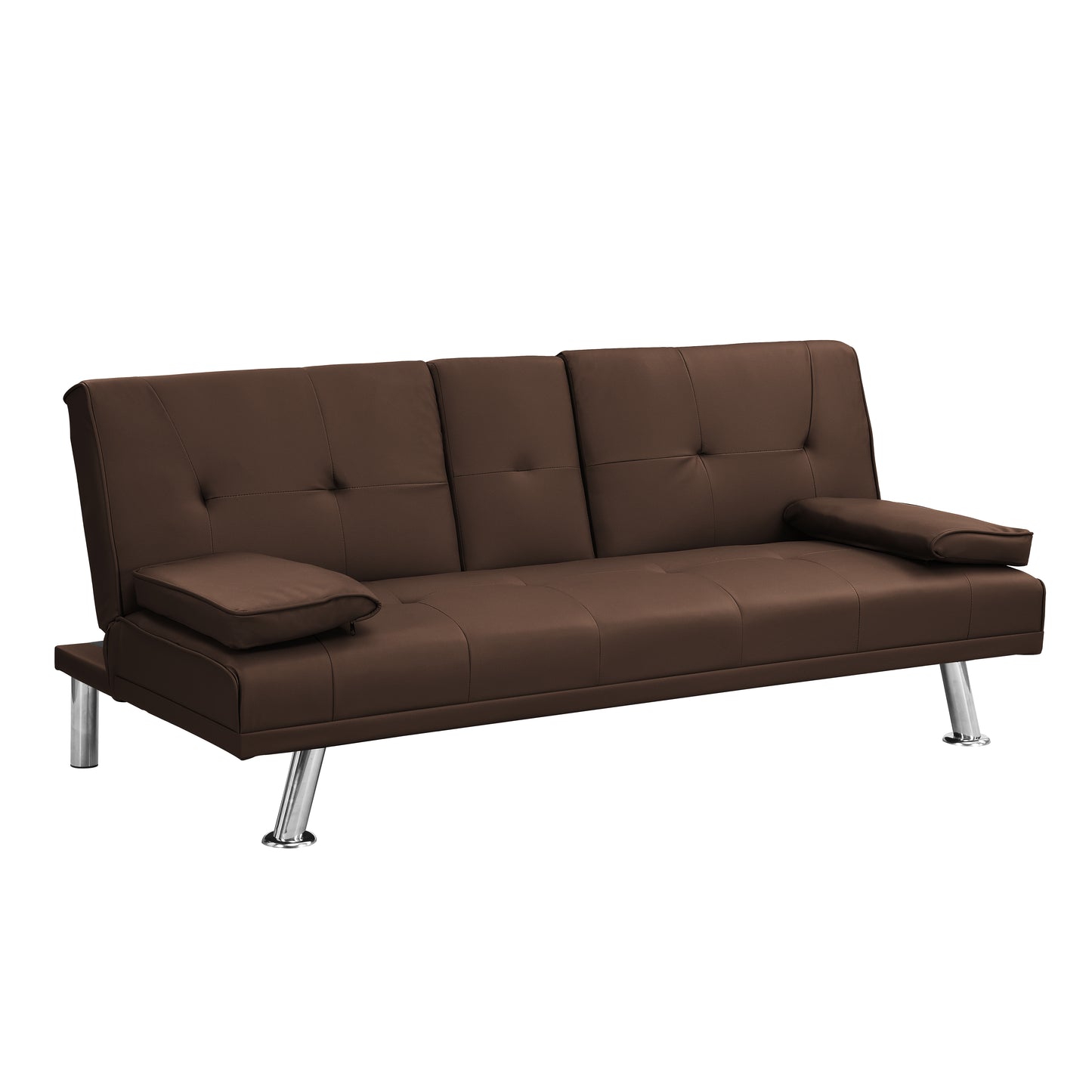 Sofa Bed with Armrest two holders WOOD FRAME, STAINLESS LEG, FUTON BROWN PVC