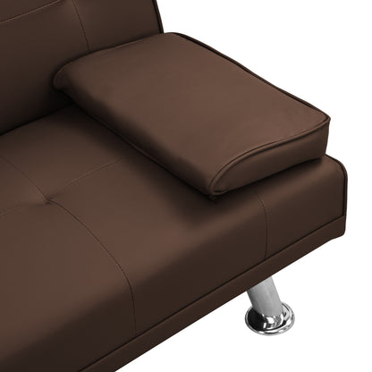 Sofa Bed with Armrest two holders WOOD FRAME, STAINLESS LEG, FUTON BROWN PVC