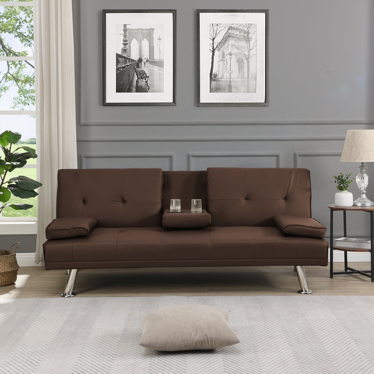 Sofa Bed with Armrest two holders WOOD FRAME, STAINLESS LEG, FUTON BROWN PVC