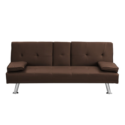 Sofa Bed with Armrest two holders WOOD FRAME, STAINLESS LEG, FUTON BROWN PVC