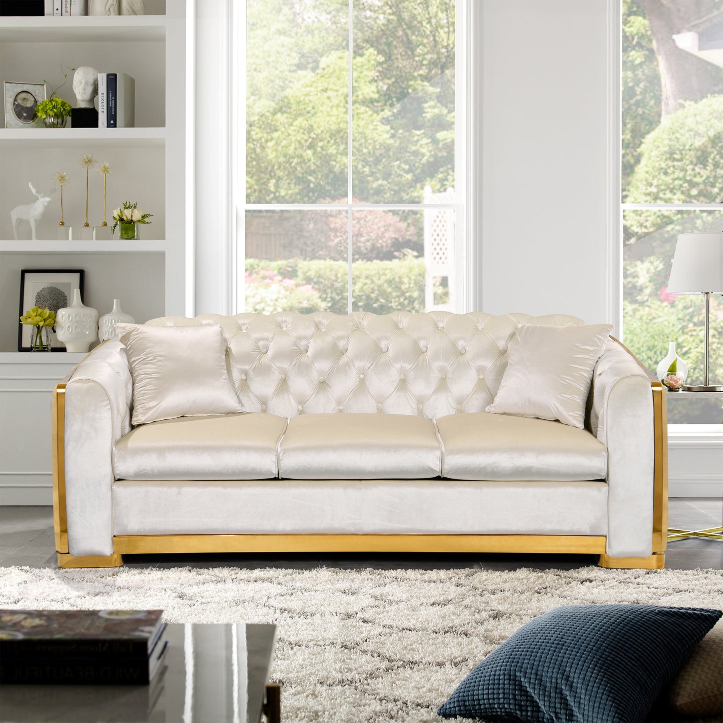 Velvet Luxury Chesterfield Sofa Set, 84 Inches Tufted 3 Seat Couch with Gold Stainless for Living Room, Beige Fabric