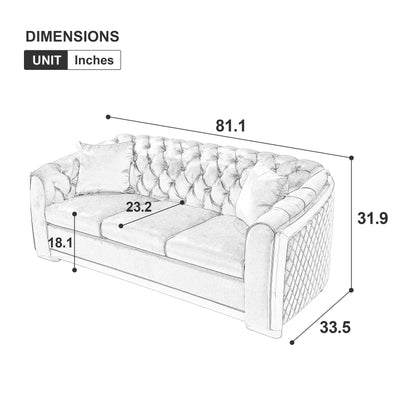 Velvet Luxury Chesterfield Sofa Set, 84 Inches Tufted 3 Seat Couch with Gold Stainless for Living Room, Beige Fabric