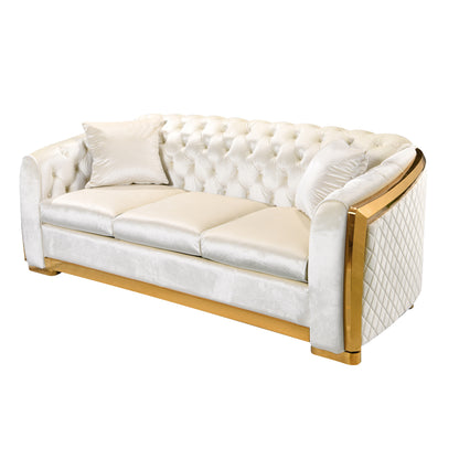 Velvet Luxury Chesterfield Sofa Set, 84 Inches Tufted 3 Seat Couch with Gold Stainless for Living Room, Beige Fabric