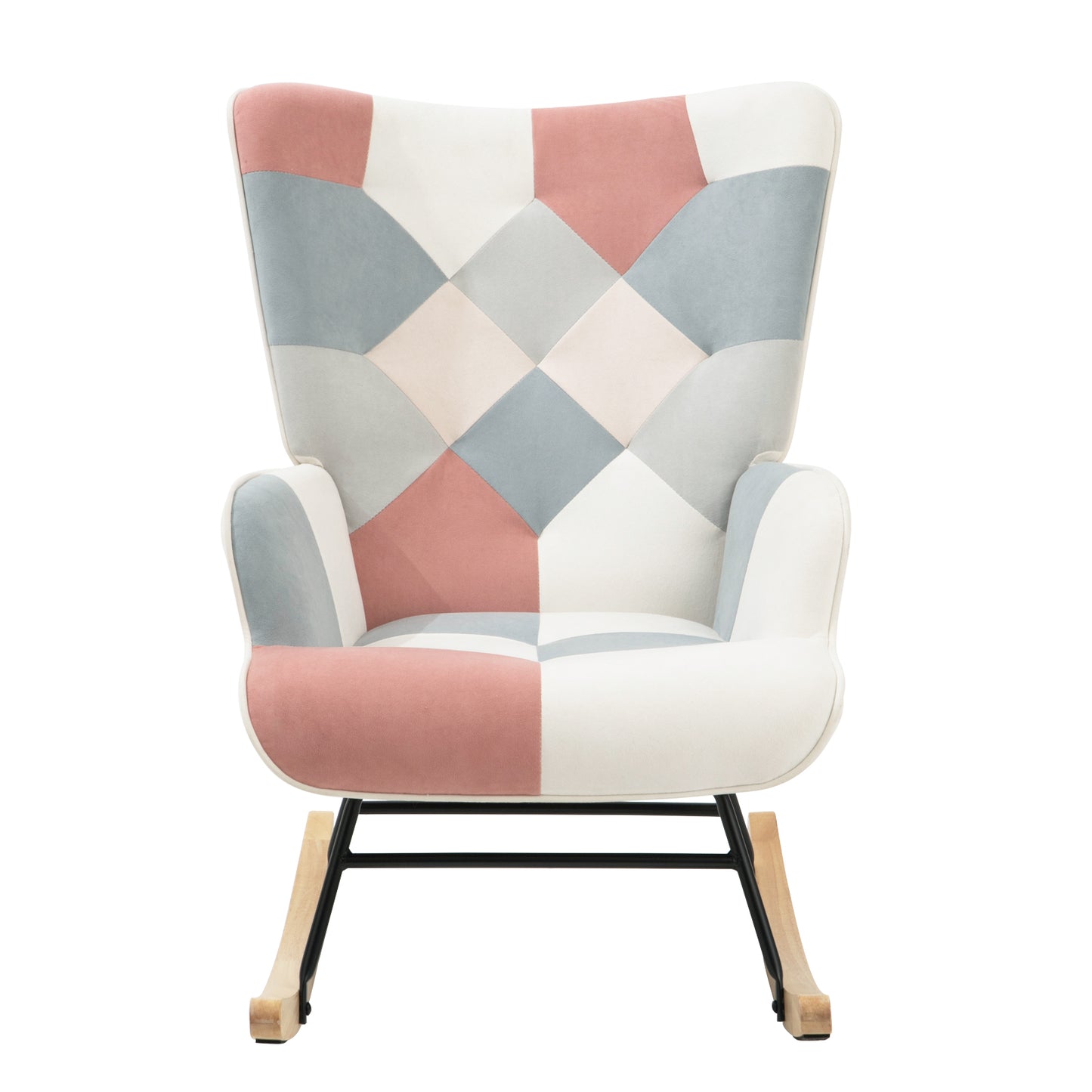 Accent Rocking Chair, Mid Century Fabric Rocker Chair with Wood Legs and Patchwork Linen for Livingroom Bedroom