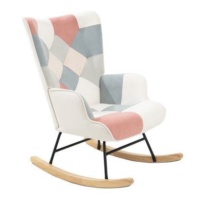 Accent Rocking Chair, Mid Century Fabric Rocker Chair with Wood Legs and Patchwork Linen for Livingroom Bedroom