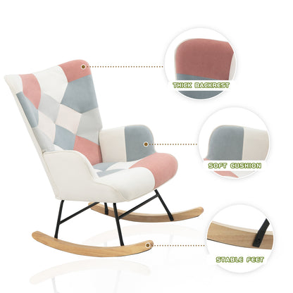 Accent Rocking Chair, Mid Century Fabric Rocker Chair with Wood Legs and Patchwork Linen for Livingroom Bedroom