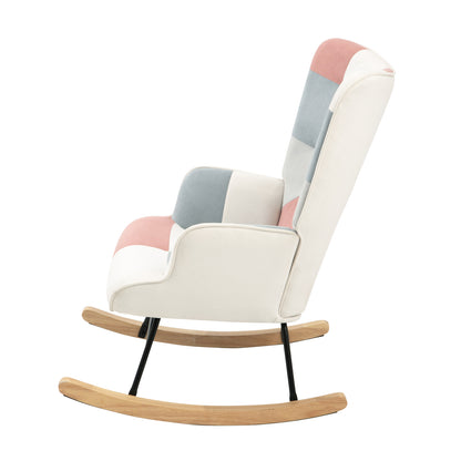 Accent Rocking Chair, Mid Century Fabric Rocker Chair with Wood Legs and Patchwork Linen for Livingroom Bedroom