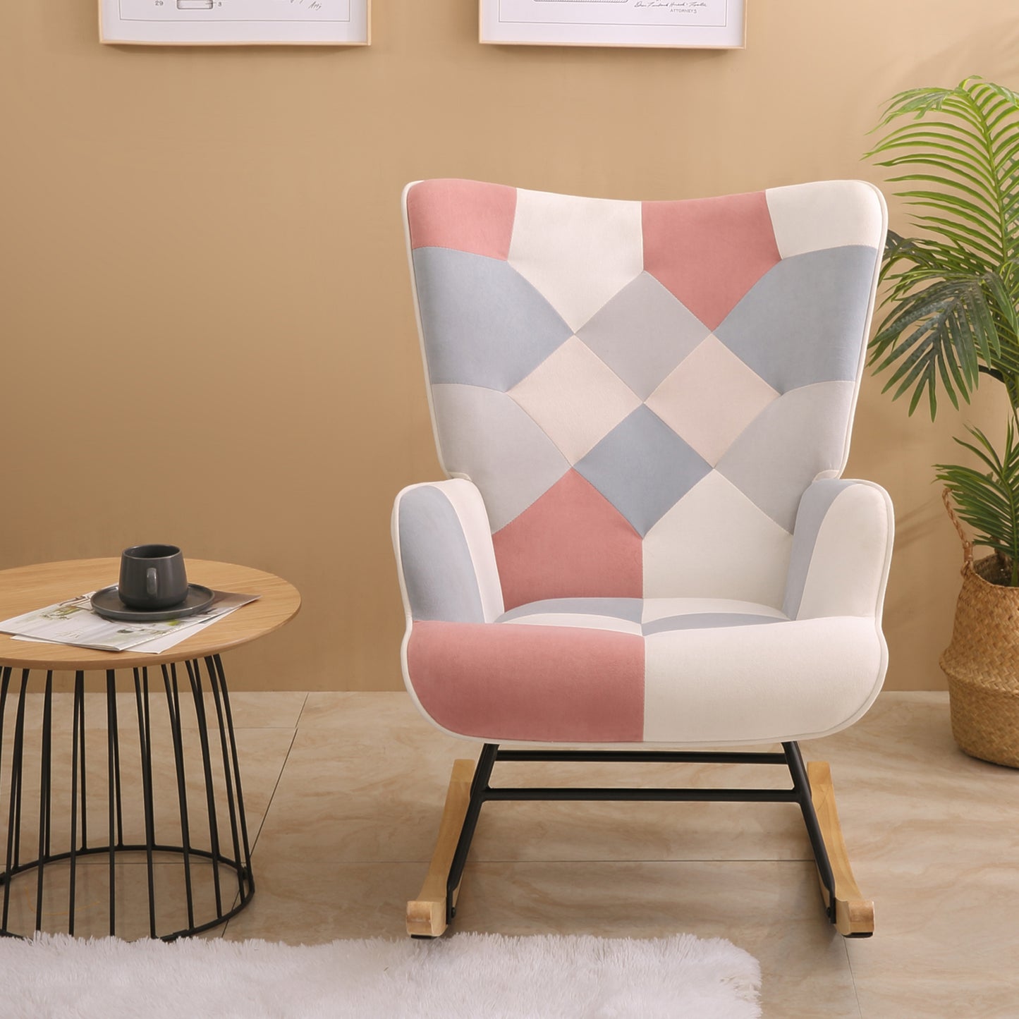 Accent Rocking Chair, Mid Century Fabric Rocker Chair with Wood Legs and Patchwork Linen for Livingroom Bedroom