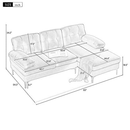 83" Modern Sectional Sofas Couches Velvet L Shaped Couches for Living Room, Bedroom, Brown