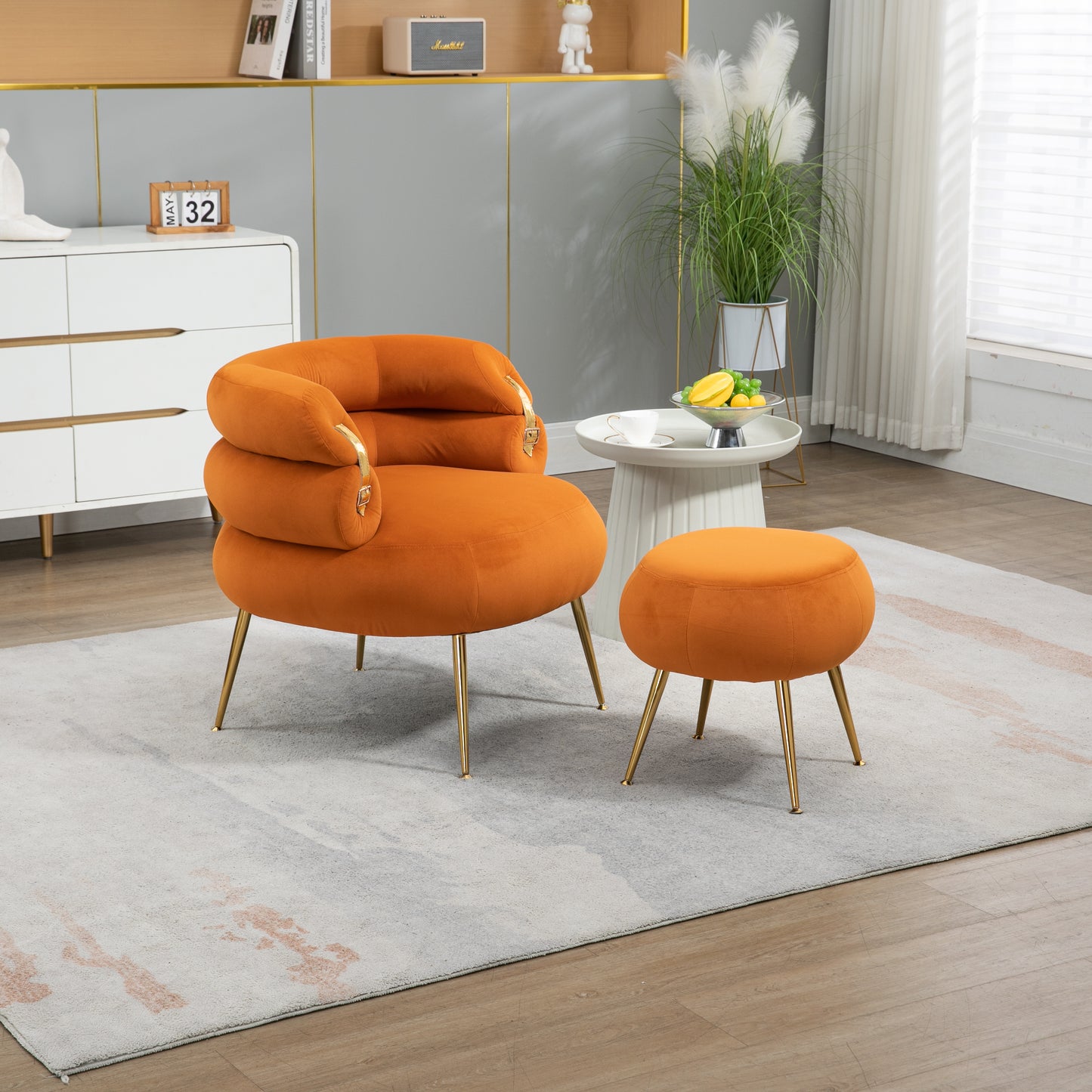 Upholstered Velvet Barrel Accent Chair with Ottoman,Accent Comfy Lounge Arm Chair and Footrest Stool Set,Single Sofa Armchair with Lounge Seat for Bedroom,Office (Orange)