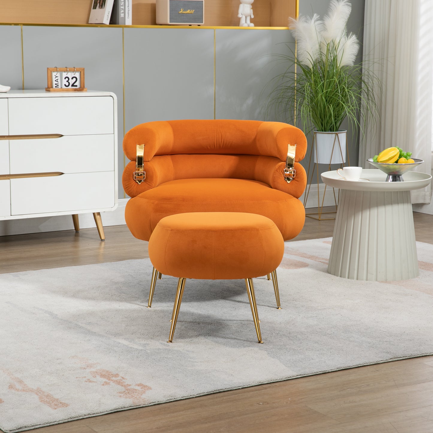 Upholstered Velvet Barrel Accent Chair with Ottoman,Accent Comfy Lounge Arm Chair and Footrest Stool Set,Single Sofa Armchair with Lounge Seat for Bedroom,Office (Orange)