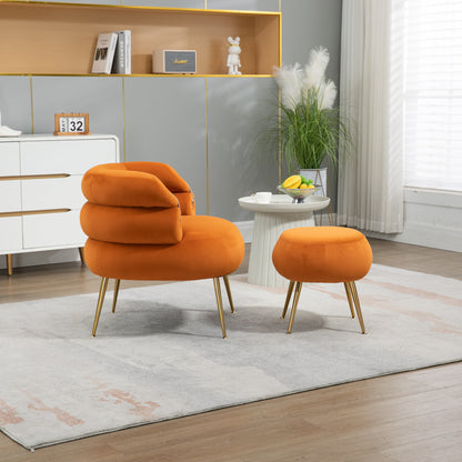 Upholstered Velvet Barrel Accent Chair with Ottoman,Accent Comfy Lounge Arm Chair and Footrest Stool Set,Single Sofa Armchair with Lounge Seat for Bedroom,Office (Orange)