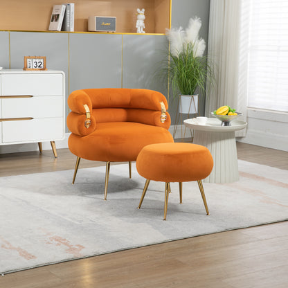 Upholstered Velvet Barrel Accent Chair with Ottoman,Accent Comfy Lounge Arm Chair and Footrest Stool Set,Single Sofa Armchair with Lounge Seat for Bedroom,Office (Orange)