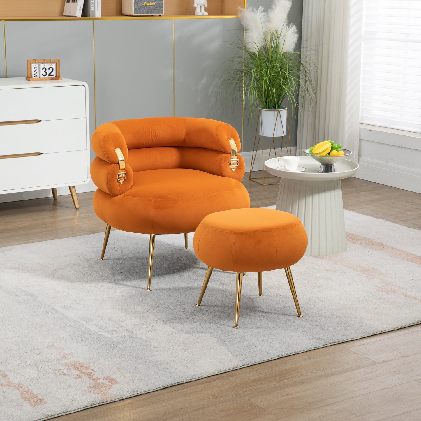 Upholstered Velvet Barrel Accent Chair with Ottoman,Accent Comfy Lounge Arm Chair and Footrest Stool Set,Single Sofa Armchair with Lounge Seat for Bedroom,Office (Orange)