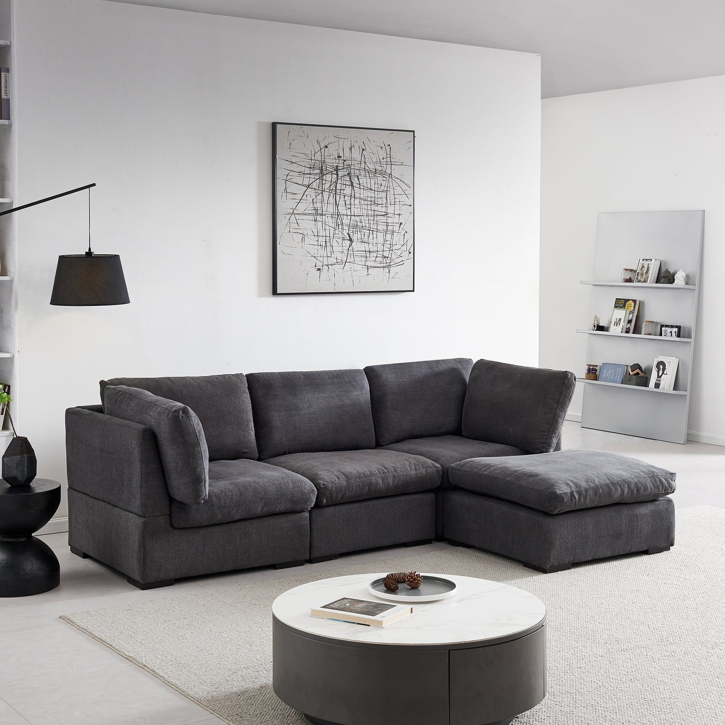 L Shape Modular Soft Fabric Sofa Filled with Down (Dark Grey)