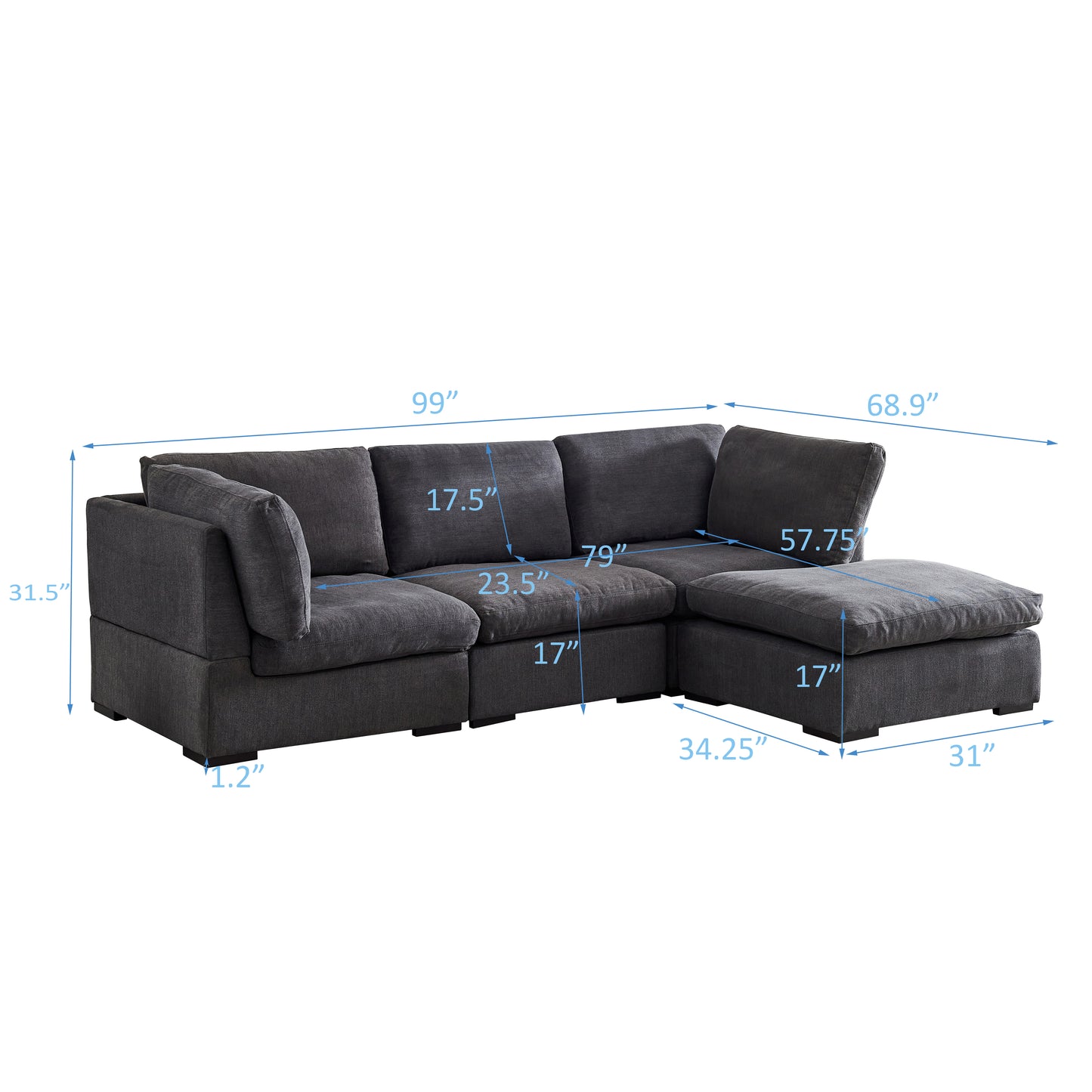 L Shape Modular Soft Fabric Sofa Filled with Down (Dark Grey)