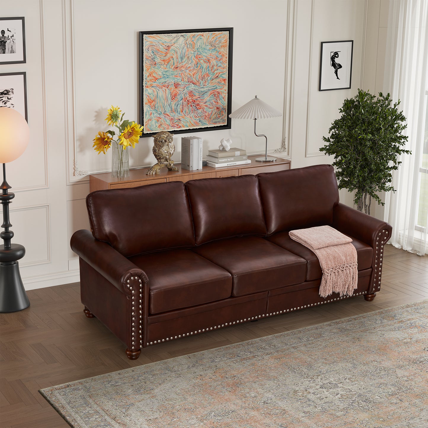 Classic Living Room Nails Sofa Burgundy Faux Leather