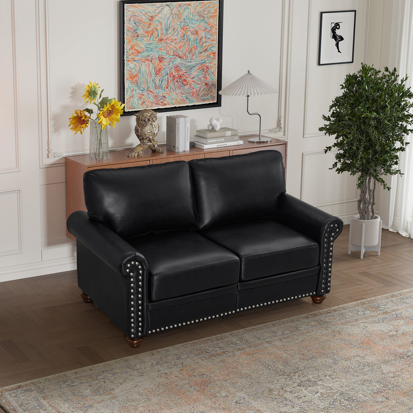 Living Room Sofa Loveseat Black Faux Leather