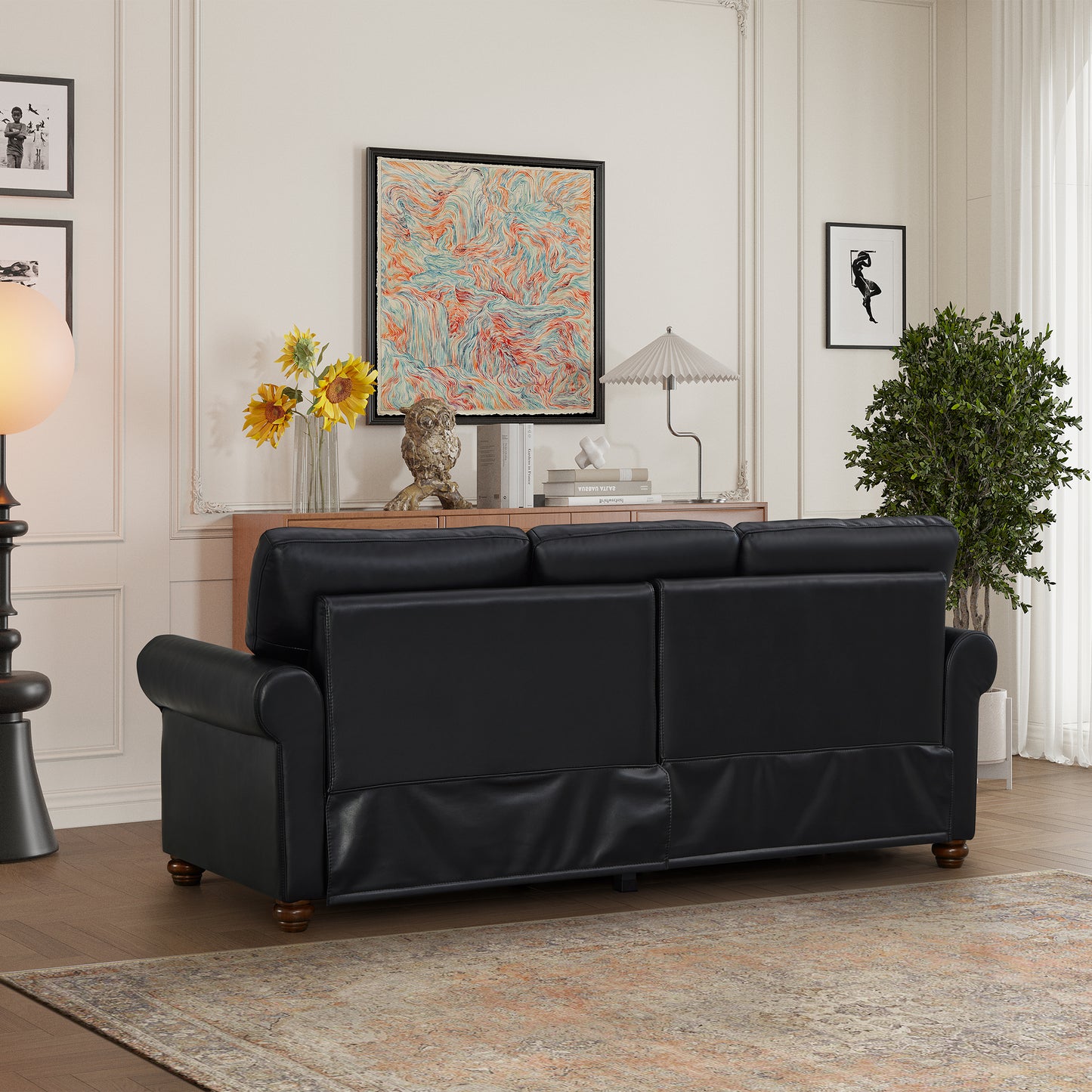 Classic Living Room Nails Sofa Black Faux Leather