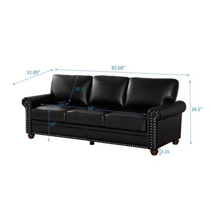 Classic Living Room Nails Sofa Black Faux Leather