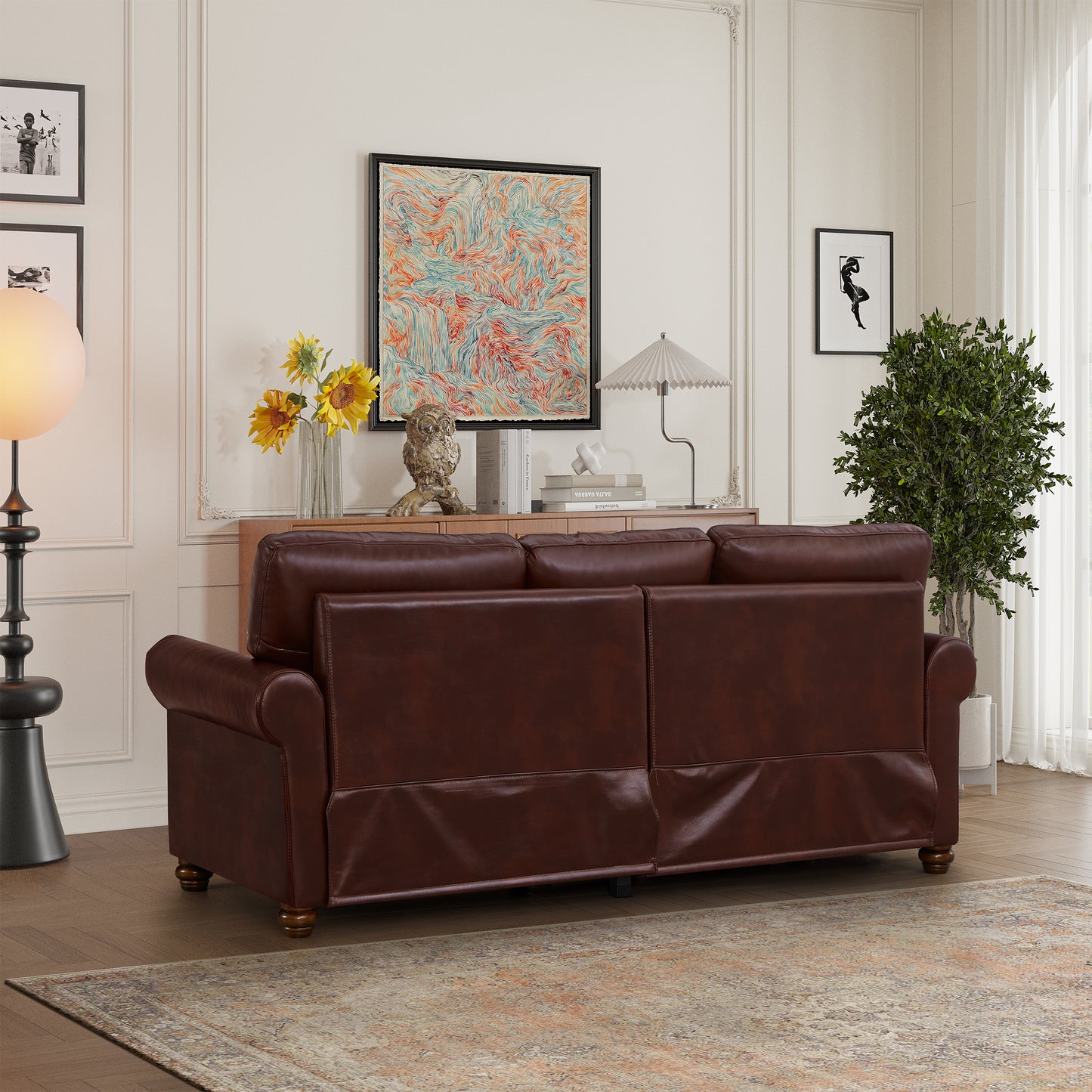 Classic Living Room Nails Sofa Burgundy Faux Leather